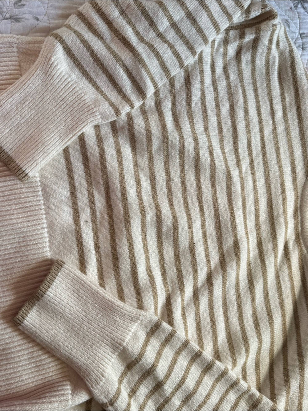 Magaschoni Cream and Tan Striped Scoop Neck Sweater